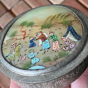 Vintage Small Brass Persian MOP Pill Round Trinket Box 2 1/2” Across